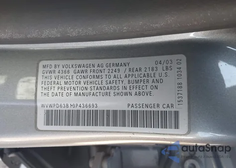 2003 Volkswagen Passat Gls from USA, damaged, VIN WVWPD63B13P436693